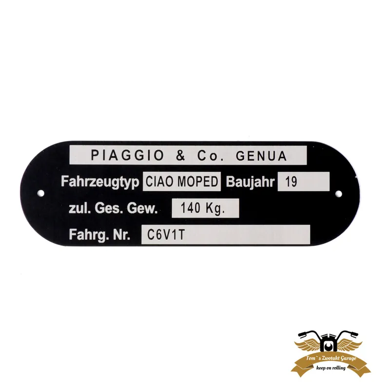 Zertifiziert Typenschild Ciao C6V1T Aluminium 80x25mm gelocht Rahmenplakette